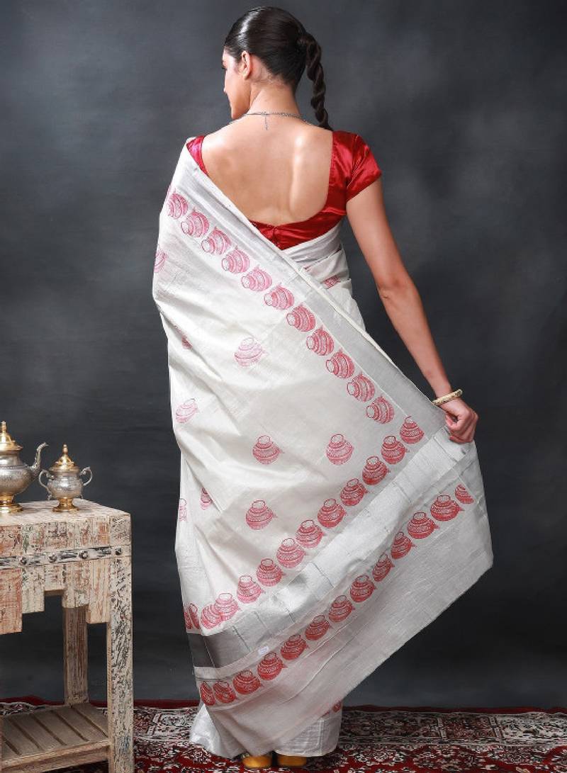 Printed auspicious pots kasavu cotton silk star white saree