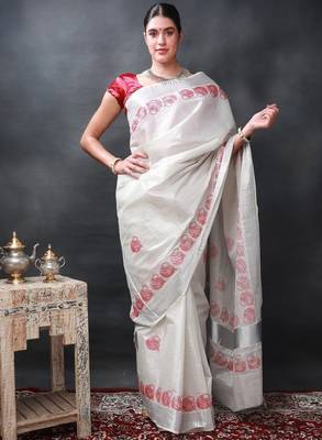 Printed auspicious pots kasavu cotton silk star white saree 4