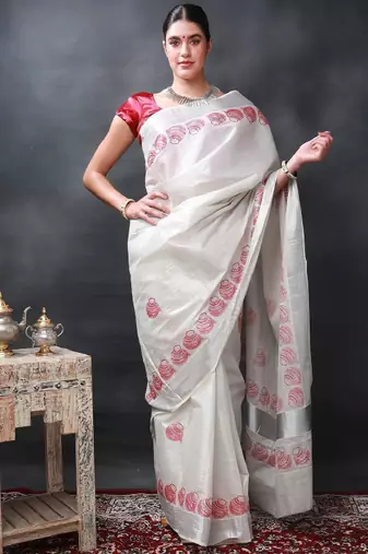 Printed auspicious pots kasavu cotton silk star white saree