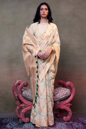 cream zari woven silk blend banarasi saree