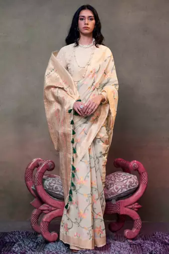 cream zari woven silk blend banarasi saree