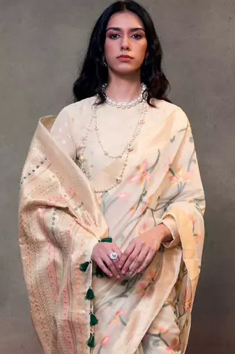 cream zari woven silk blend banarasi saree