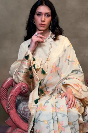 cream zari woven silk blend banarasi saree