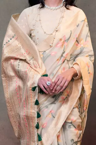 cream zari woven silk blend banarasi saree