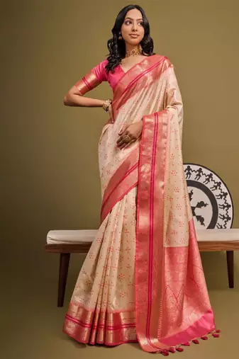 cream floral zari silk blend banarasi saree