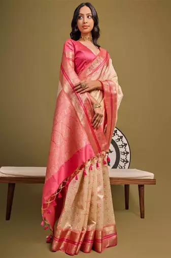 cream floral zari silk blend banarasi saree