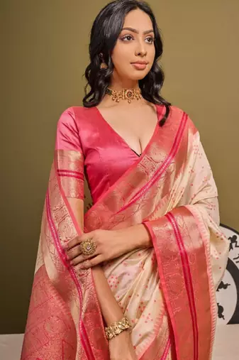 cream floral zari silk blend banarasi saree