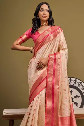 cream floral zari silk blend banarasi saree