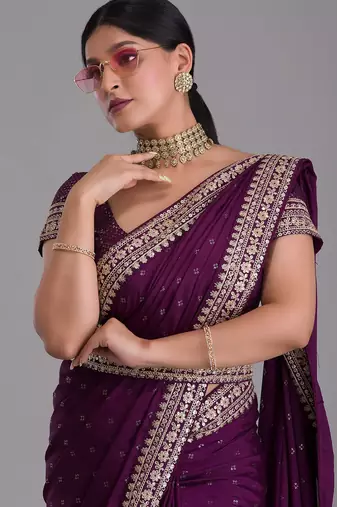 Wine royal kasturi silk saree with zari, dori, foil & 4mm sequins work