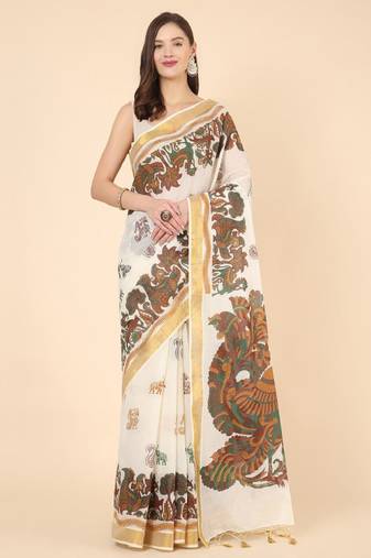Floral zari pure cotton kasavu saree