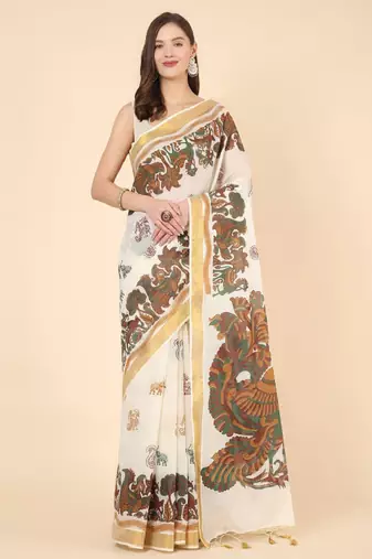 Floral zari pure cotton kasavu saree