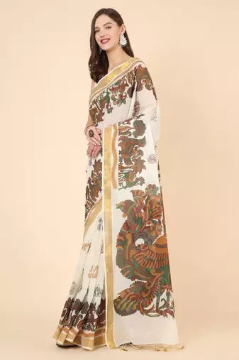 Floral zari pure cotton kasavu saree