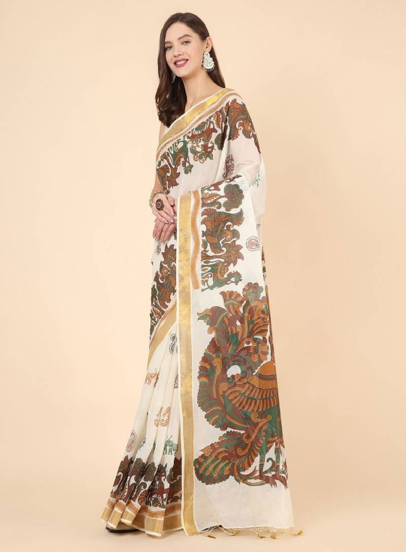 Floral zari pure cotton kasavu saree