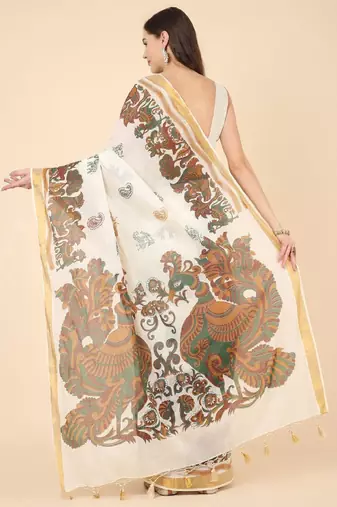 Floral zari pure cotton kasavu saree
