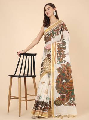 Floral zari pure cotton kasavu saree 4
