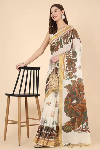 Floral zari pure cotton kasavu saree