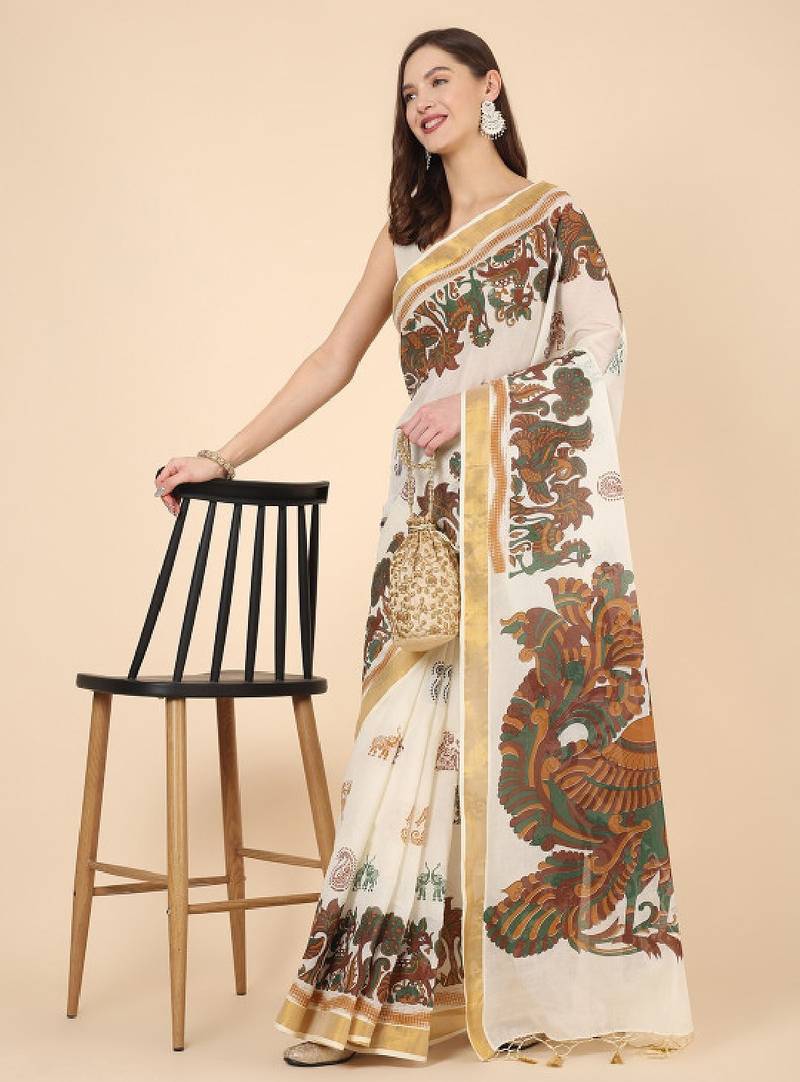 Floral zari pure cotton kasavu saree
