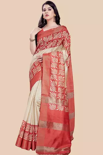 beige art silk saree with leheriya zari design