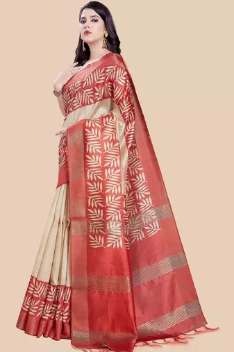 beige art silk saree with leheriya zari design