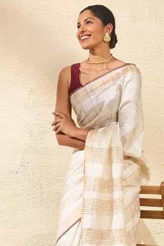 off white striped zari silk blend bhagalpuri saree