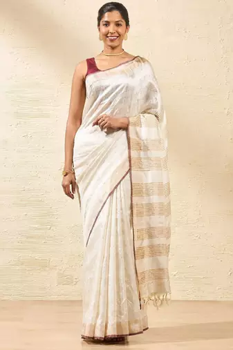 off white striped zari silk blend bhagalpuri saree