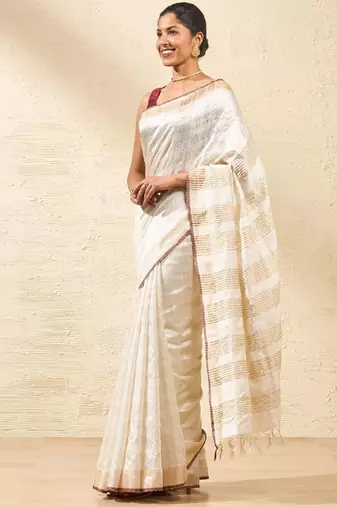 off white striped zari silk blend bhagalpuri saree
