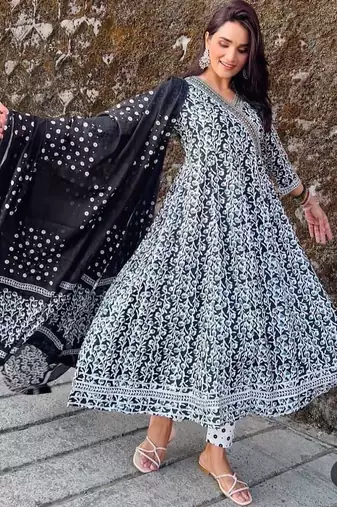 Black Jaipuri Printed Black Pure Cotton Anarkali Gown with Dupatta Set Salwar Kameez