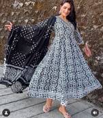 Black Jaipuri Printed Black Pure Cotton Anarkali Gown with Dupatta Set Salwar Kameez