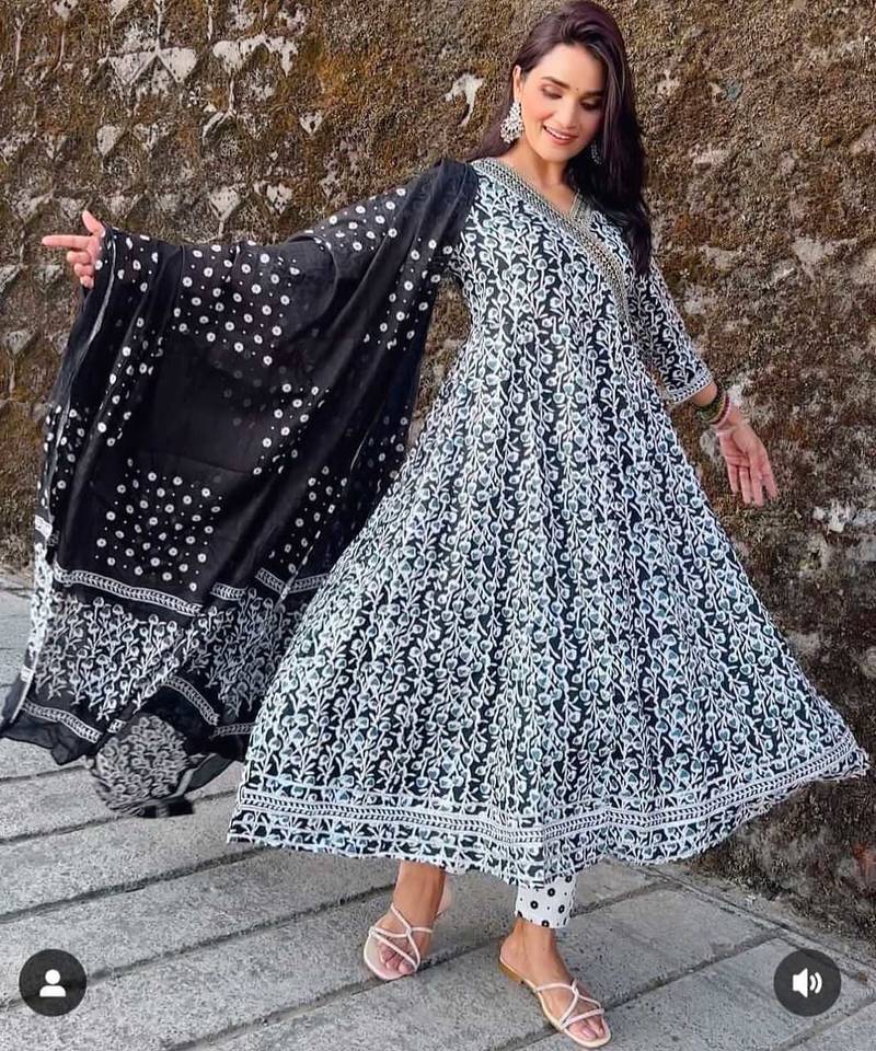 Black Jaipuri Printed Black Pure Cotton Anarkali Gown with Dupatta Set Salwar Kameez