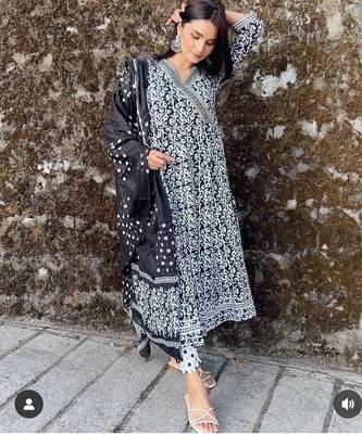 Black Jaipuri Printed Black Pure Cotton Anarkali Gown with Dupatta Set Salwar Kameez 2