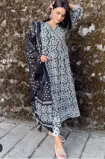 Black Jaipuri Printed Black Pure Cotton Anarkali Gown with Dupatta Set Salwar Kameez