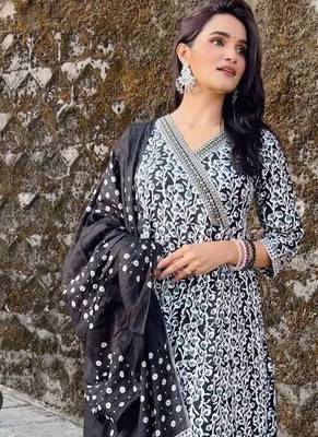 Black Jaipuri Printed Black Pure Cotton Anarkali Gown with Dupatta Set Salwar Kameez 3