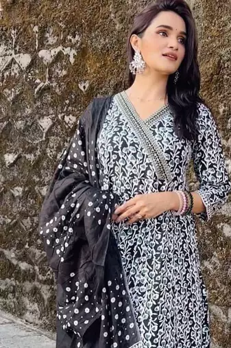 Black Jaipuri Printed Black Pure Cotton Anarkali Gown with Dupatta Set Salwar Kameez