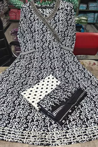 Black Jaipuri Printed Black Pure Cotton Anarkali Gown with Dupatta Set Salwar Kameez