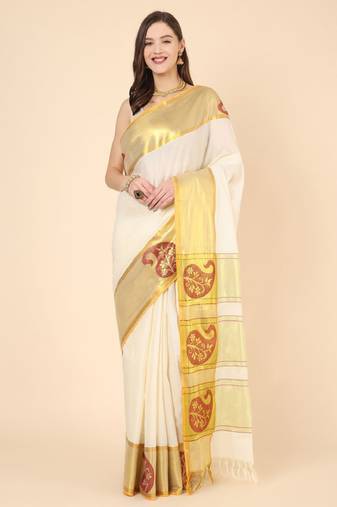 Woven design zari pure cotton kasavu saree