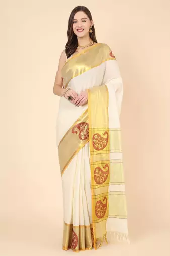 Woven design zari pure cotton kasavu saree