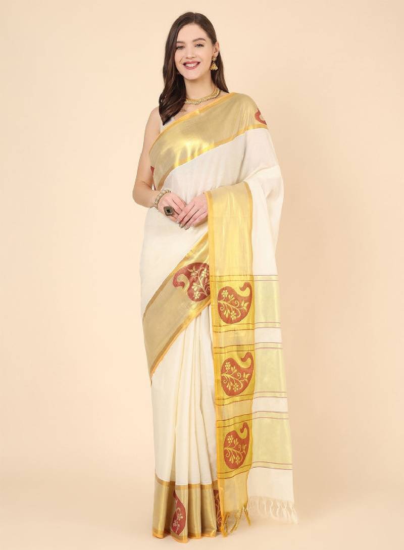 Woven design zari pure cotton kasavu saree