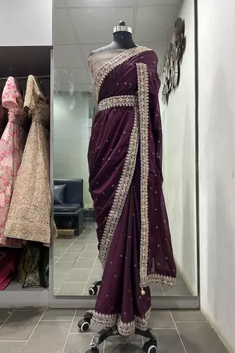 Wine royal kasturi silk saree with zari, dori, foil & 4mm sequins work