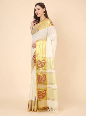 Woven design zari pure cotton kasavu saree 2