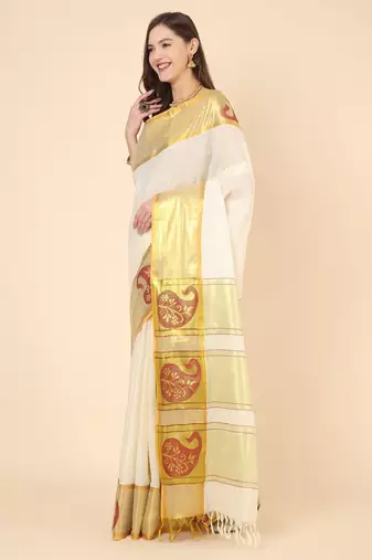 Woven design zari pure cotton kasavu saree