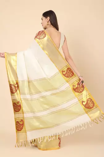 Woven design zari pure cotton kasavu saree