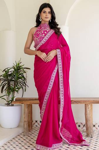Charming rani pink silk sequins embroidered party wear saree