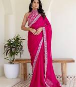 Charming rani pink silk sequins embroidered party wear saree