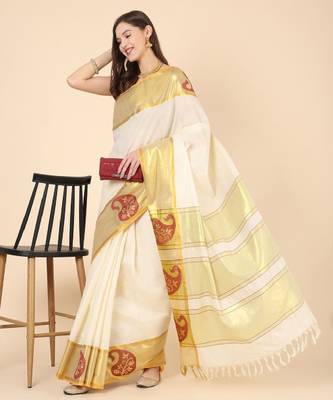 Woven design zari pure cotton kasavu saree 4