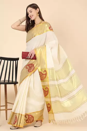 Woven design zari pure cotton kasavu saree