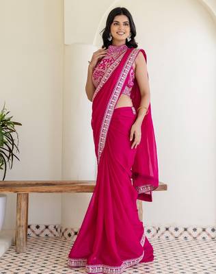 Charming rani pink silk sequins embroidered party wear saree 2