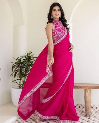 Charming rani pink silk sequins embroidered party wear saree 3