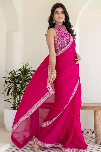 Charming rani pink silk sequins embroidered party wear saree
