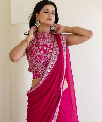 Charming rani pink silk sequins embroidered party wear saree 4