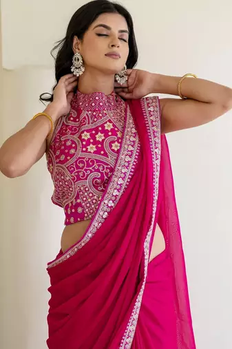 Charming rani pink silk sequins embroidered party wear saree